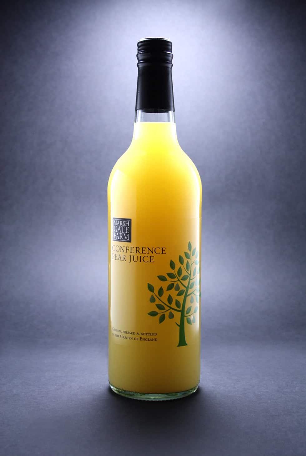 Marshgate Farm Conference pear juice bottle identity designed by Paul Cartwright Branding.