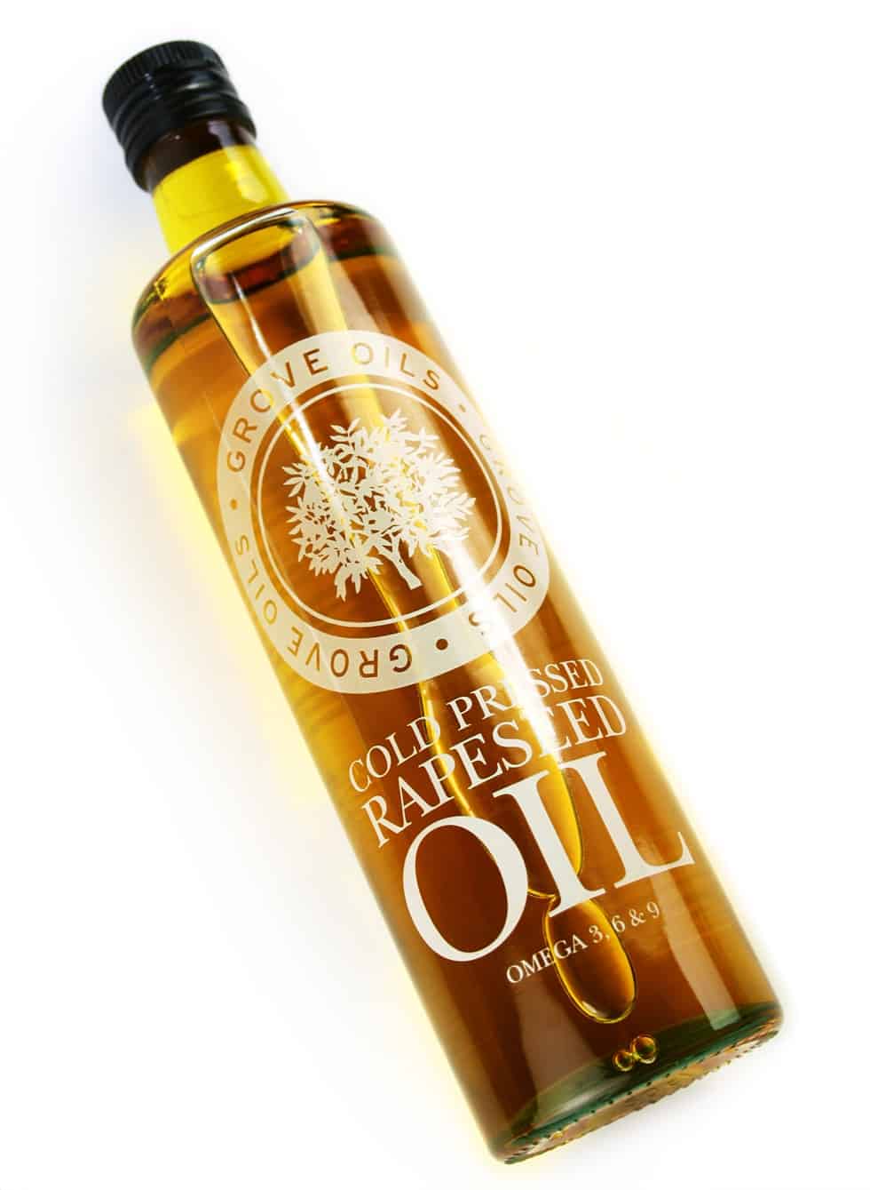 Grove Oils rapeseed oil bottle identity design and artwork by Paul Cartwright Branding.