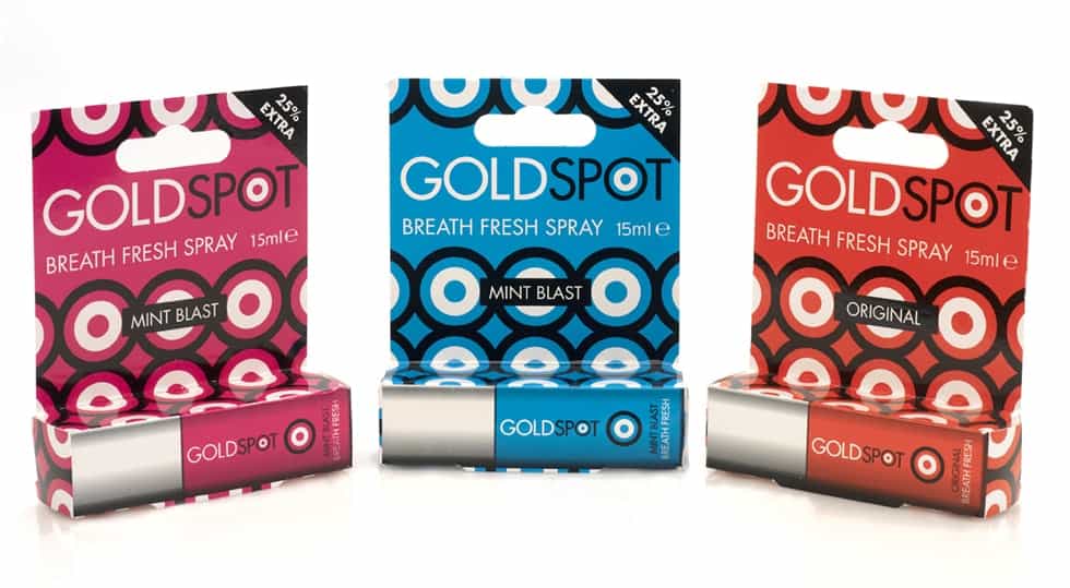 Goldspot Breath Fresh Spray product logo and packaging graphics designed by Paul Cartwright Branding.