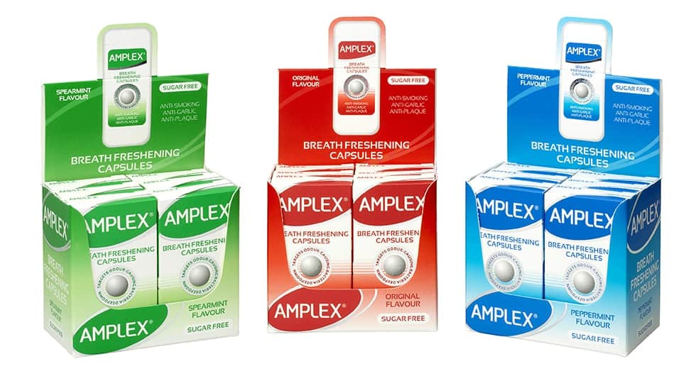 Amplex Peppermint Breath Freshening Capsules. Product identity label, carton and counter display graphics designed by Paul Cartwright Branding.