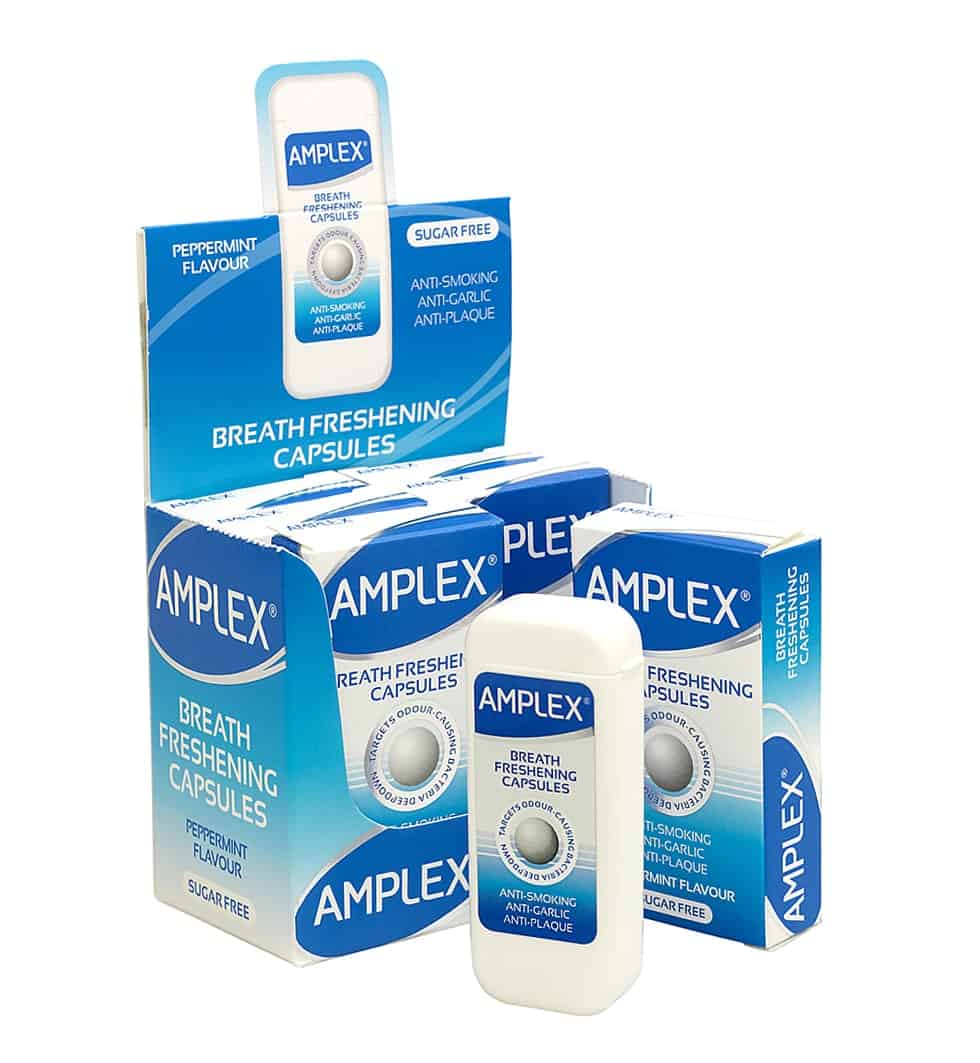 Amplex Breath Freshening Capsules - Product labelling, carton and counter display carton graphics designed by Paul Cartwright Branding