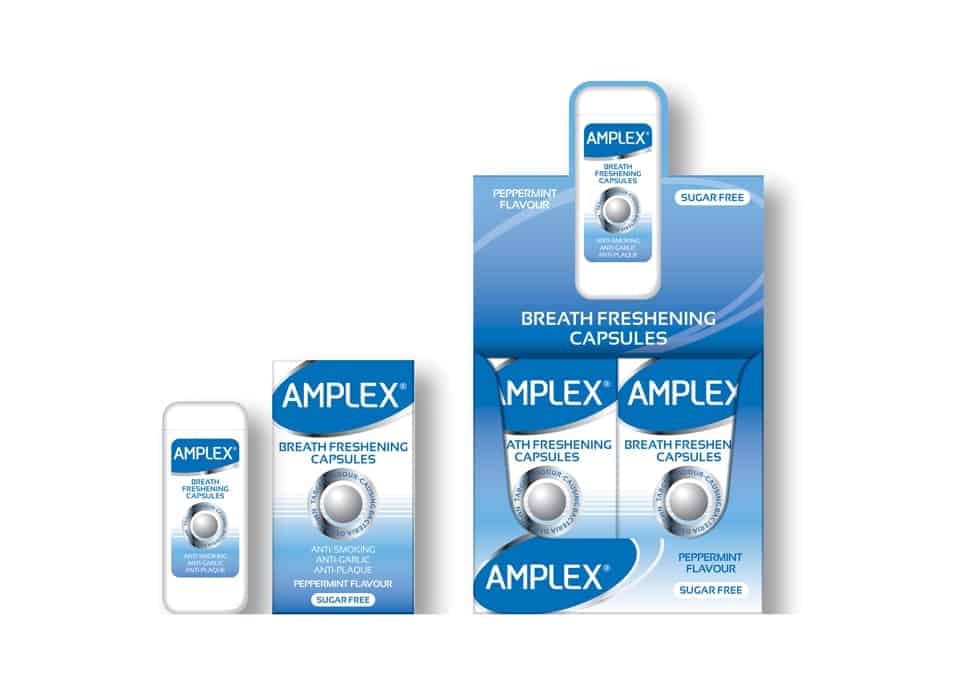 Design visual of Amplex breath freshening capsules packaging.
