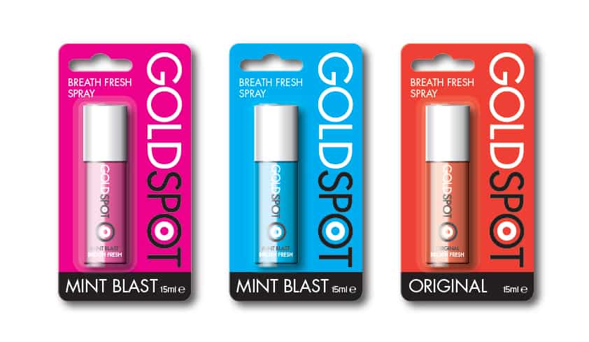 Blister pack version of Goldspot's breath fresh spray product varieties designed by Paul Cartwright Branding.