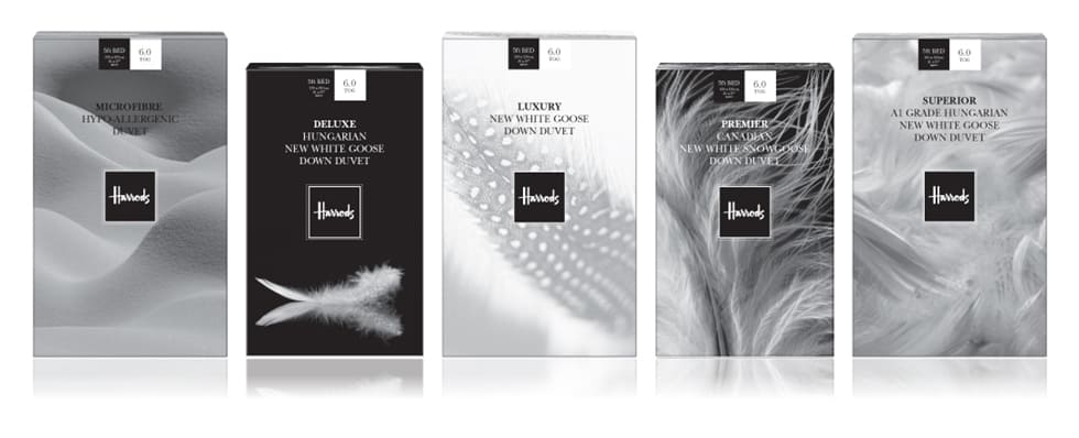 Harrods luxury duvet box graphics line up - designed and artworked by Paul Cartwright Branding.