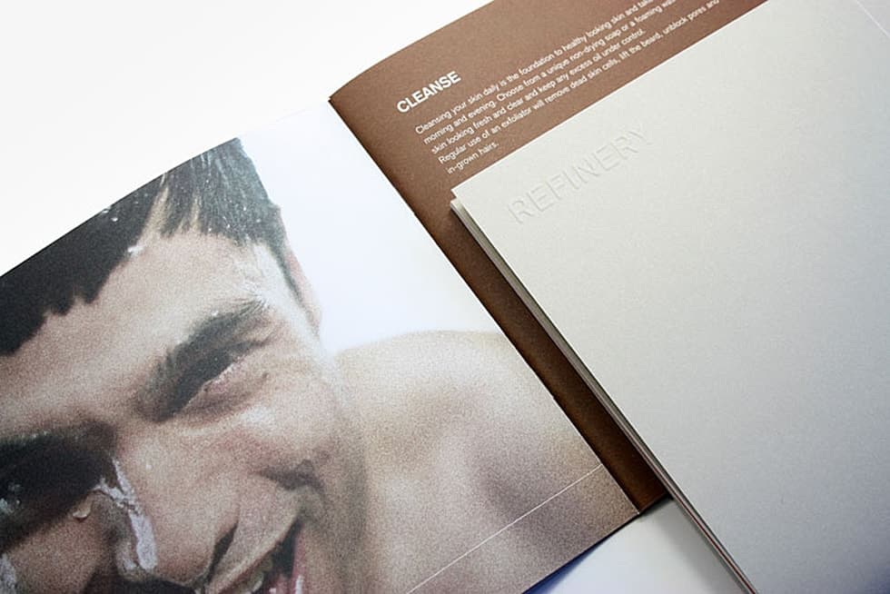 Skincare brochure design for The Refinery men's grooming salon - design and artwork by Paul Cartwright Branding.