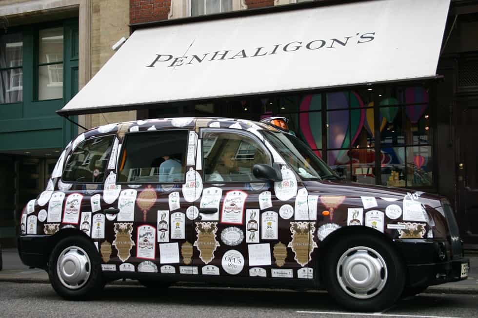 Side view of Penhaligon's London taxi graphic branding by Paul Cartwright Branding.