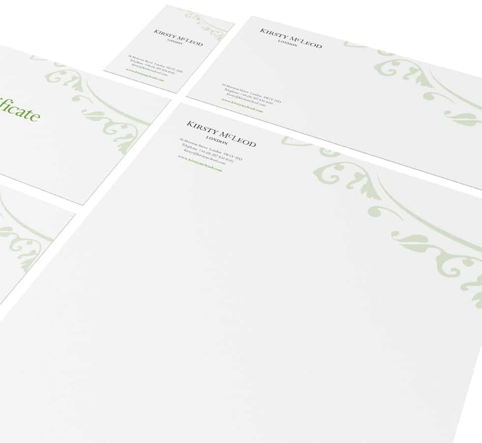 Kirsty McLeod stationery, product brochure and gift voucher design by Paul Cartwright Branding.