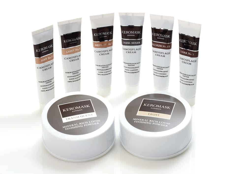 Keromask Masking Cream cover-up cosmetic product tube & finishing powder jar labels designed by Paul Cartwright Branding.