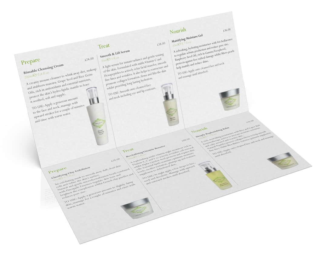 Kirsty McLeod skincare product range folding brochure designed by Paul Cartwright Branding.