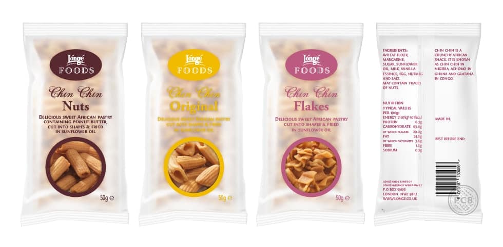 Longe Foods chin chin African snack bags - design by Paul Cartwright Branding.