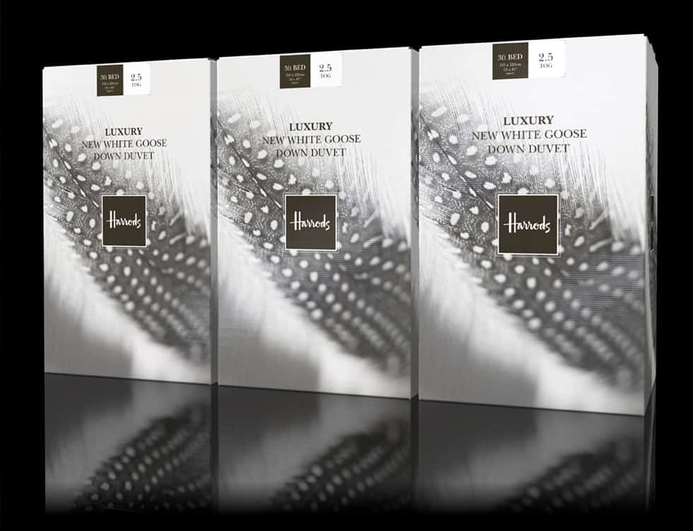 Harrods luxury goose down duvet box graphics designed and artworked by Paul Cartwright Branding.