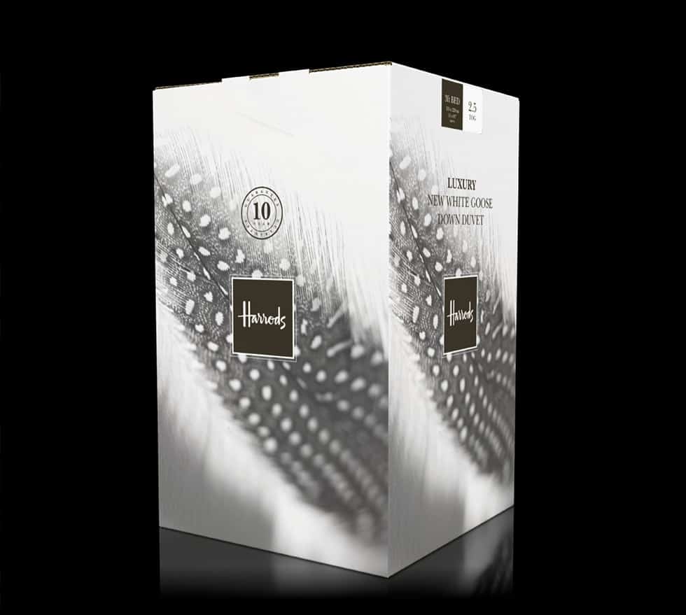 Luxury goose down duvet box graphics for Harrods - designed by Paul Cartwright Branding.