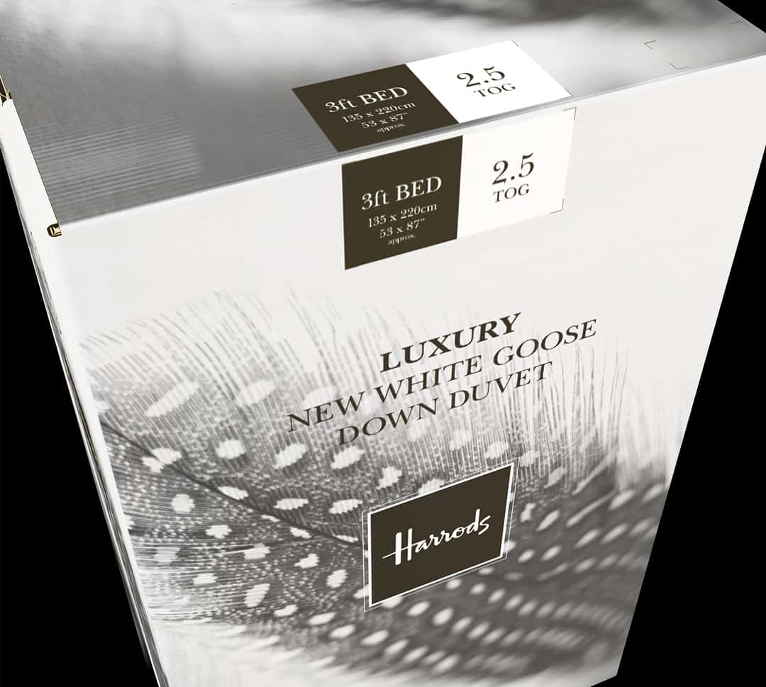 Close-up of size and tog labels for Harrods duvet box packaging - design by Paul Cartwright Branding.