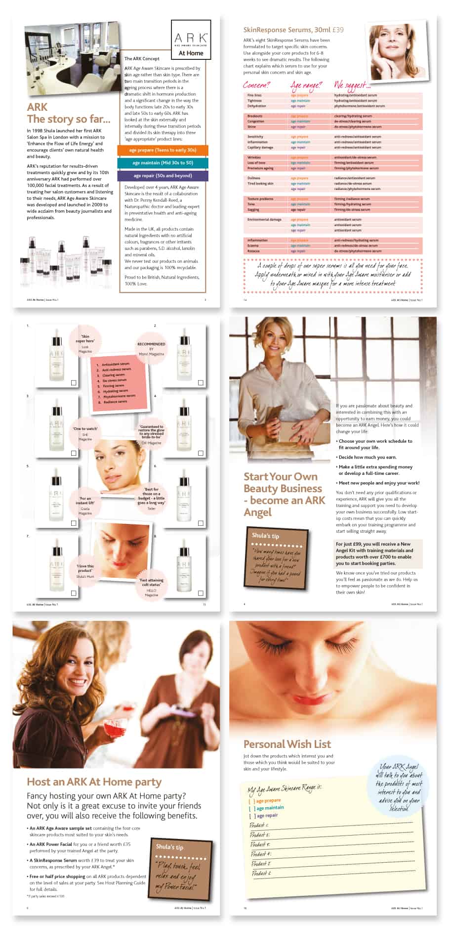 Example pages from skincare marketing materials brochure design by Paul Cartwright Branding.
