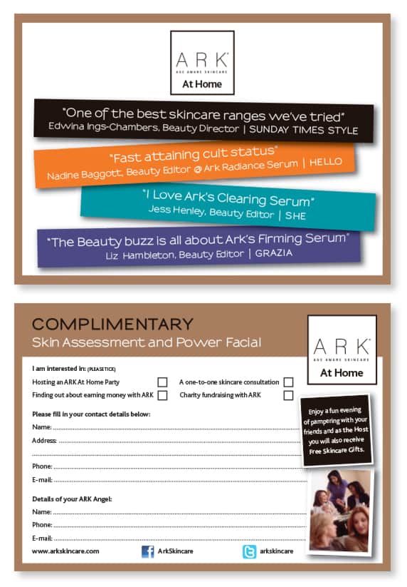 Ark At Home skincare party planner A6 promotional postcard designed by Paul Cartwright Branding.