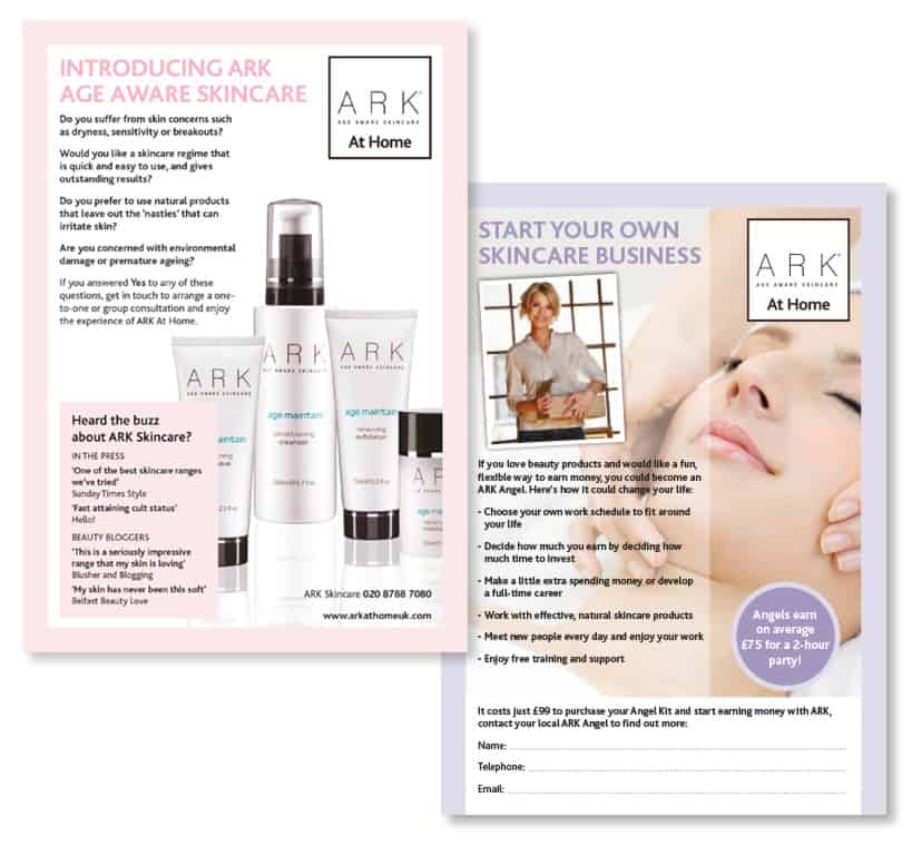 Skincare marketing materials flyer design for home skincare sale party planner by Paul Cartwright Branding.