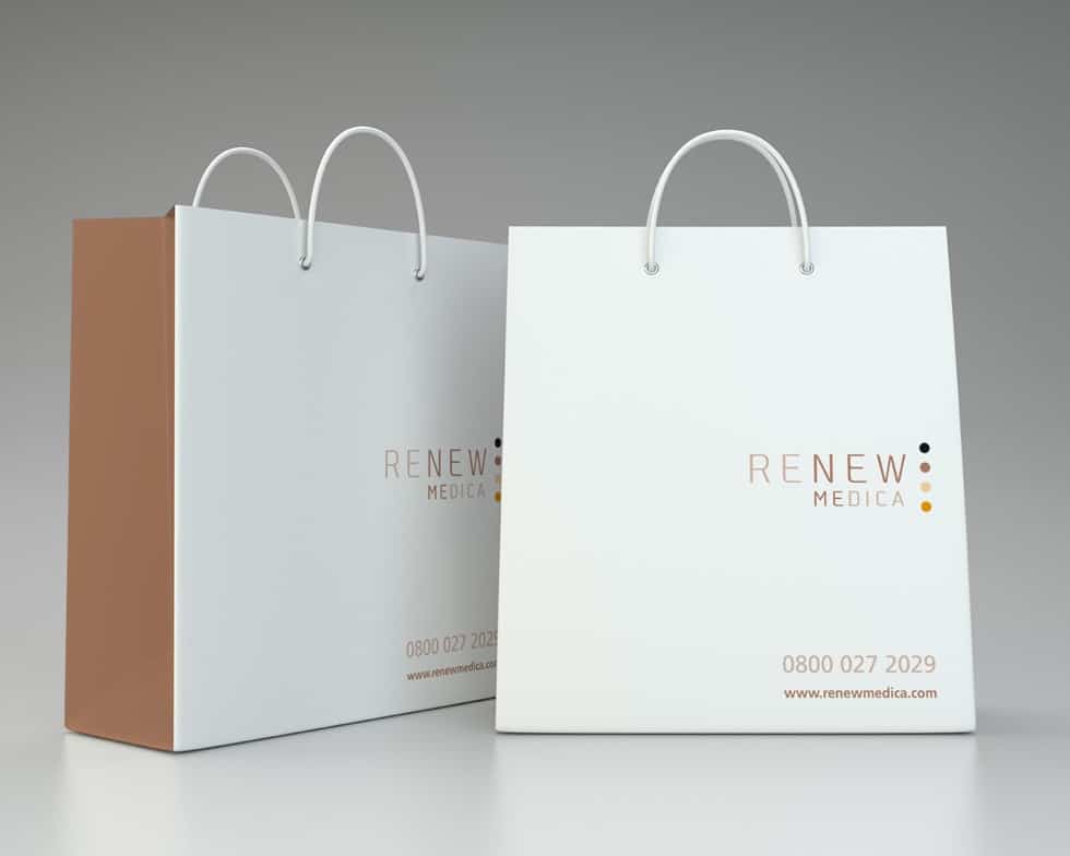 Renew Medica treatment product bag - graphic design by Paul Cartwright Branding.
