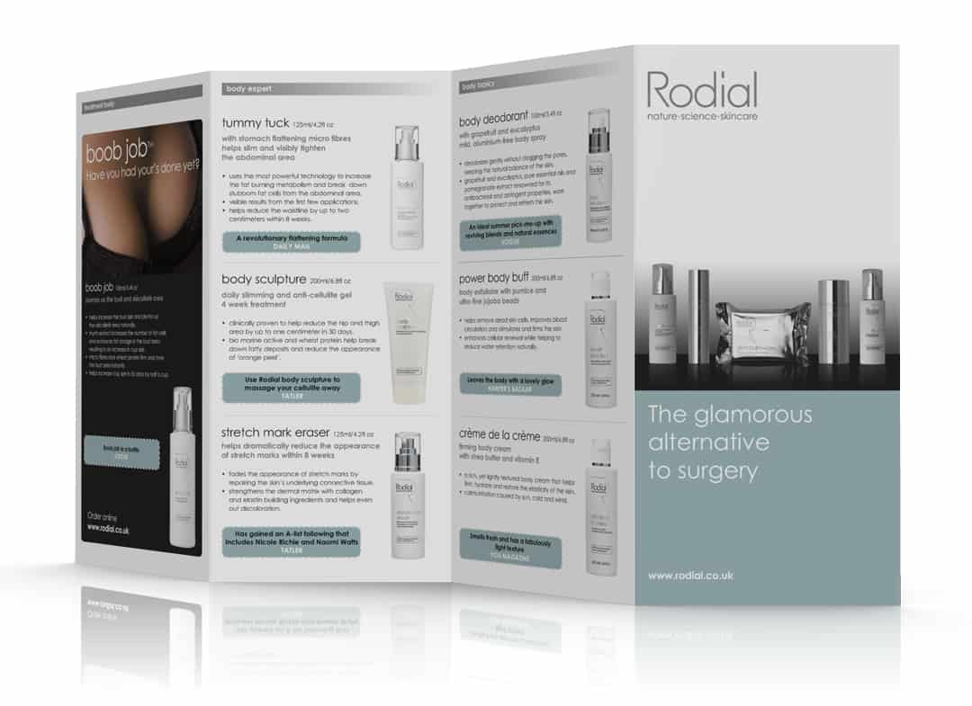 Rodial concertina fold product leaflet designed by Paul Cartwright Branding.