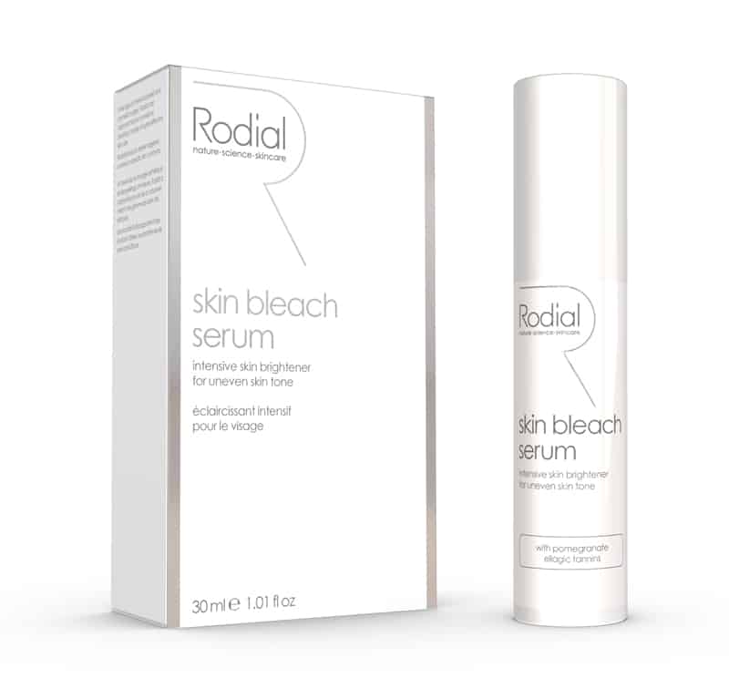 Skin Bleach Serum product carton and pump premium skincare packaging graphics designed by Paul Cartwright Branding.