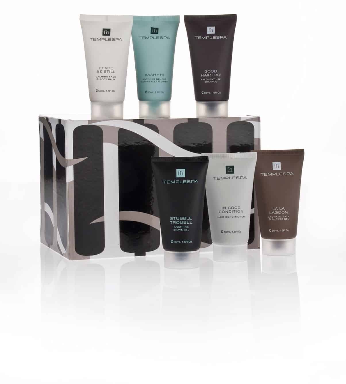 Gift set packaging graphics for Temple Spa's 'The Voyager' product.