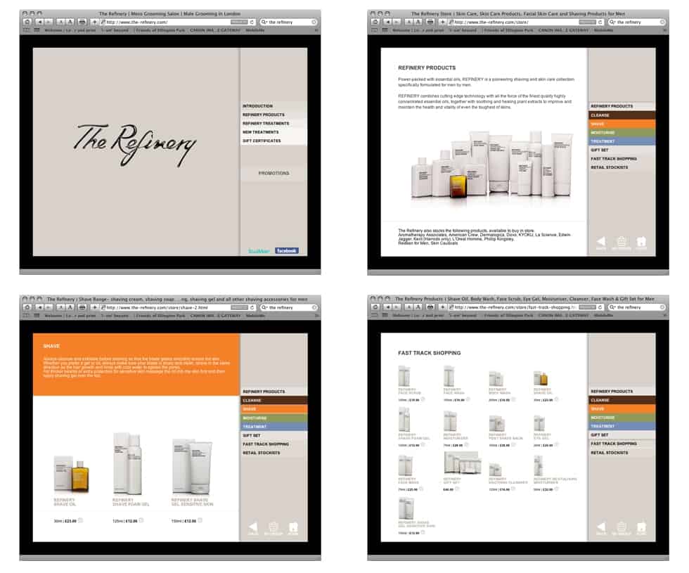 The Refinery men's grooming website graphic design ties in with the brand's skincare brochure design, both by Paul Cartwright Branding.