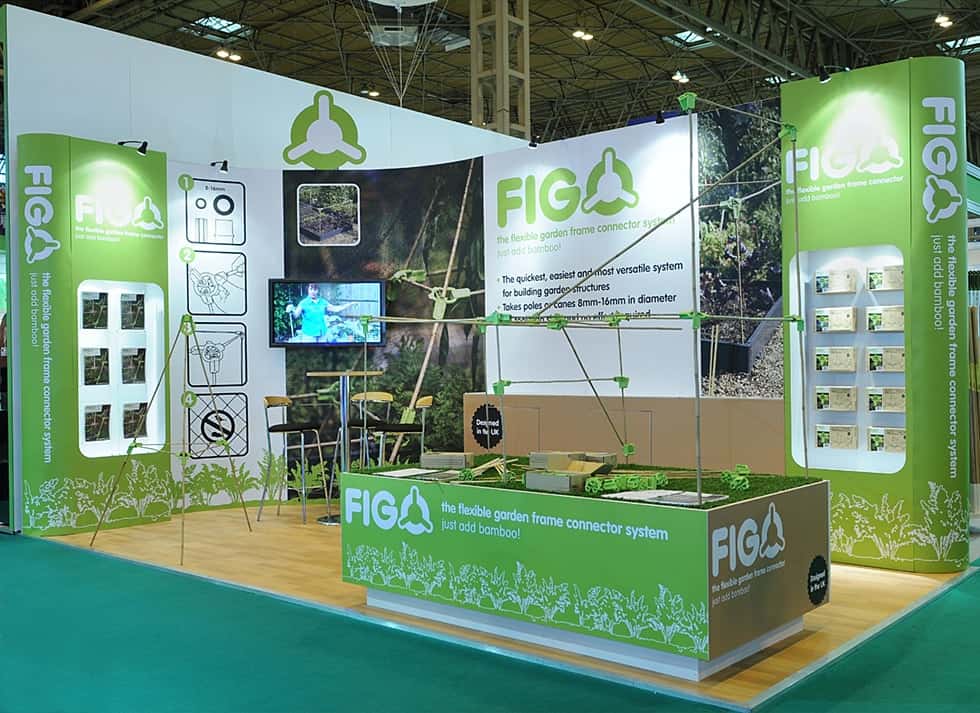 FIGO garden frame connector exhibition stand graphics designed and artworked by Paul Cartwright Branding for the GLEE show, Birmingham 2009.