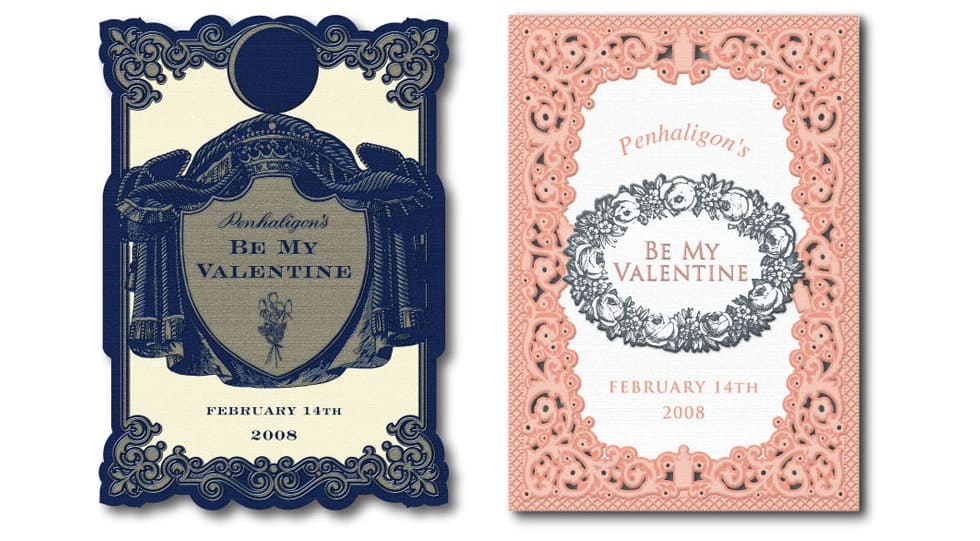Penhaligon's London Valentines Day promotional graphics for mens and womens fragrance ranges. Design and artwork by Paul Cartwright Branding.