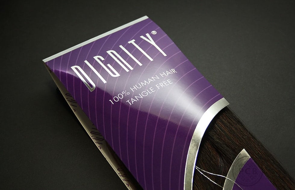 Hair extensions packaging design for Dignity human hair extensions - designed by Paul Cartwright Branding.