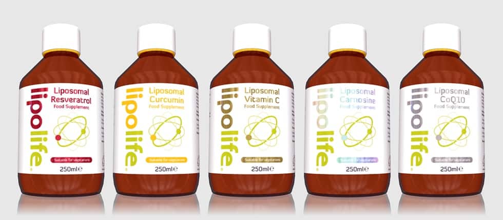 Range line-up of Lipolife's food supplement products with logo and label graphics designed by Paul Cartwright Branding.