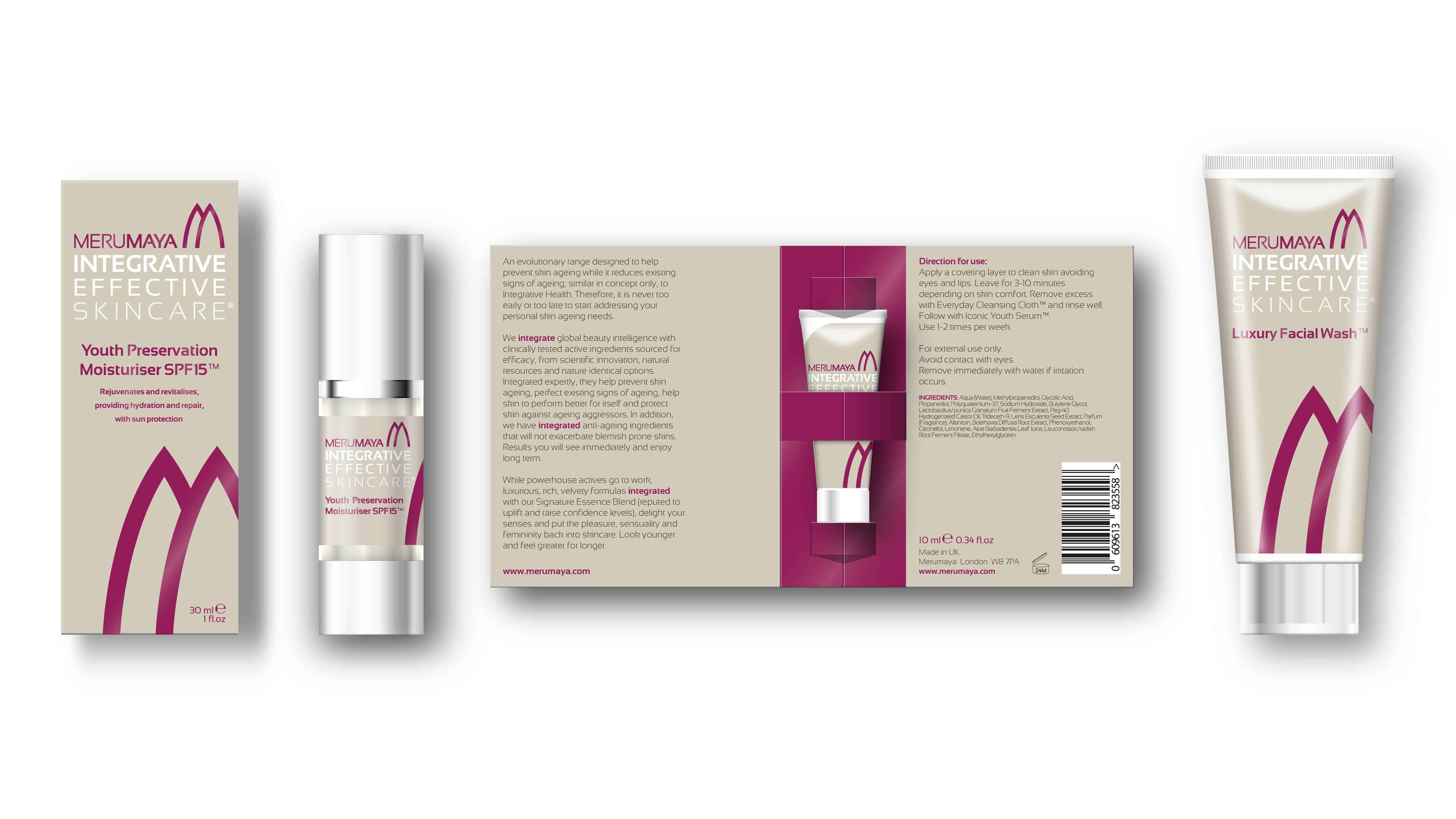 Merumaya skincare product graphics, packaging and logo design visual by Paul Cartwright Branding.