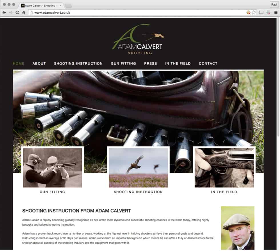 Adam Calvert Shooting website screengrab with sports logo design by Paul Cartwright Branding.