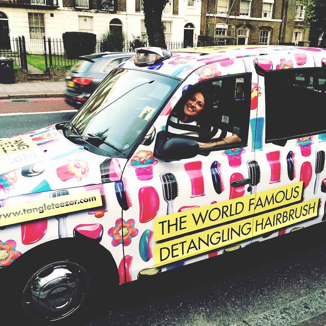 Pick & Mix pattern applied to fabulous Tangle Teezer taxi - designed by Paul Cartwright Branding.