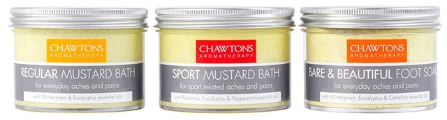 Chawtons Aromatherapy mustard bath soak product range identity label graphic design by Paul Cartwright Branding.