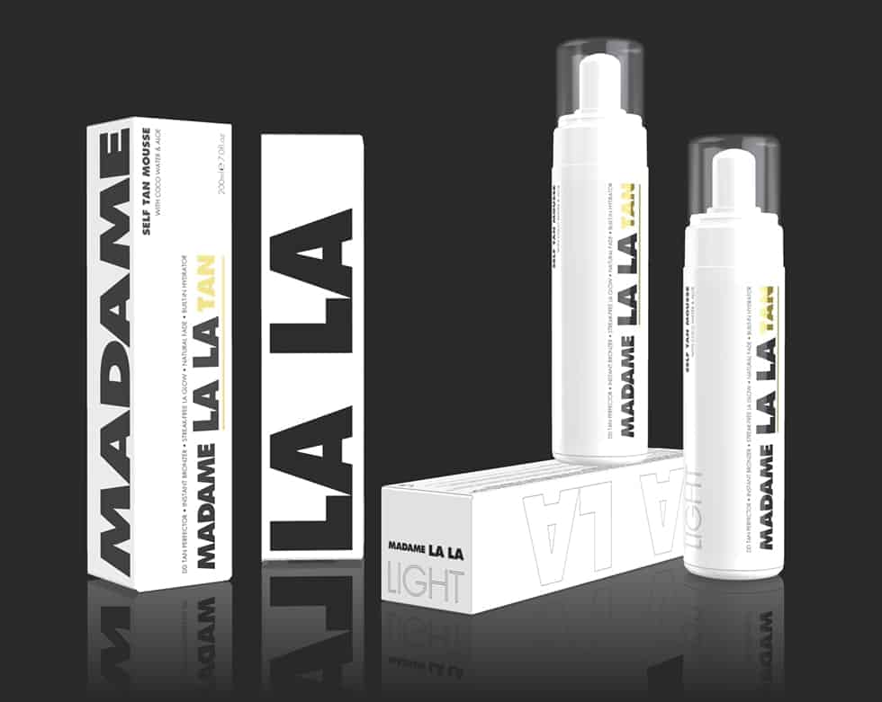 Madame La La Tan bottle and carton tanning product graphics by Paul Cartwright Branding.