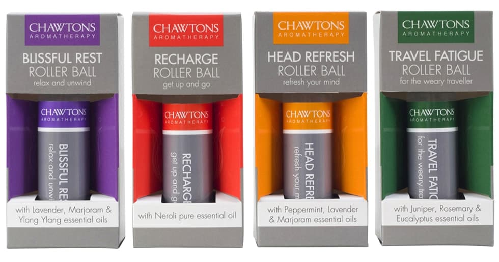 Chawtons Aromatherapy Therapeutic Rollerball packaging and label graphics by Paul Cartwright Branding.