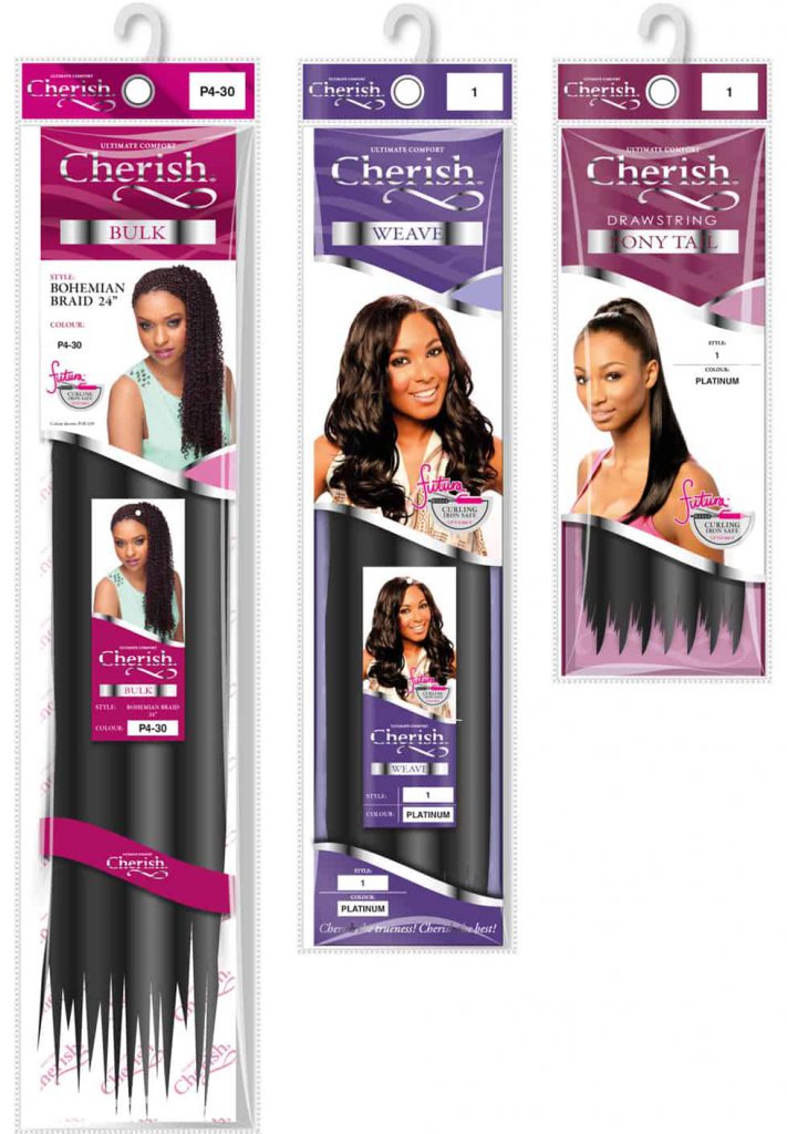 Cherish Bulk, Weave and Pony-tail hair extensions packaging insert and swing ticket graphics by Paul Cartwright Branding.