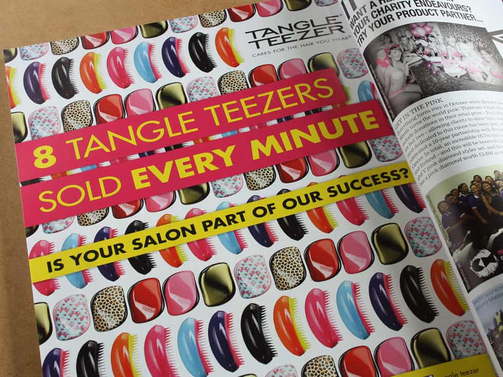 Tangle Teezer's '8 sold every minute' advert in this month's Creative Head magazine as designed by Paul Cartwright Branding