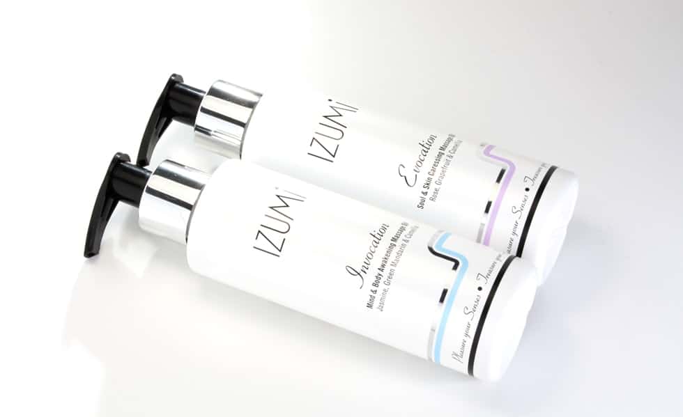 Izumi Skincare massage oil product identity and label graphics designed by Paul Cartwright Branding.