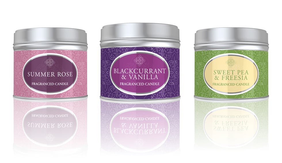 Aldi fragranced candle wrap label graphics designed by Paul Cartwright Branding.