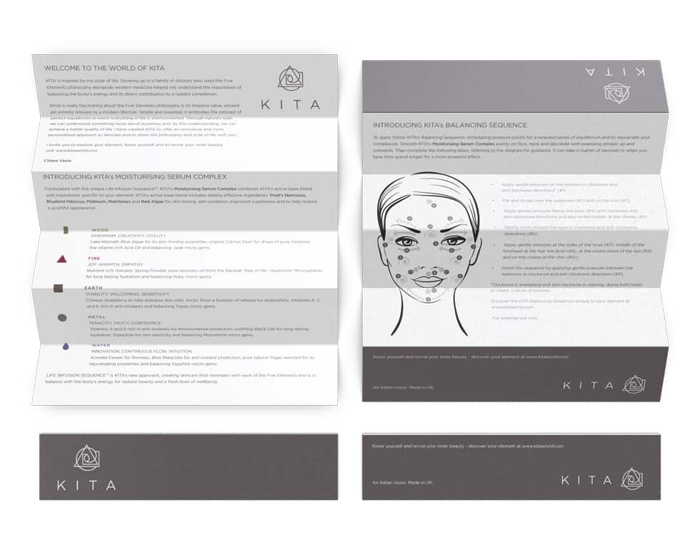 Serum application folded insert leaflet for KITA luxury skincare packaging designed by Paul Cartwright Branding.