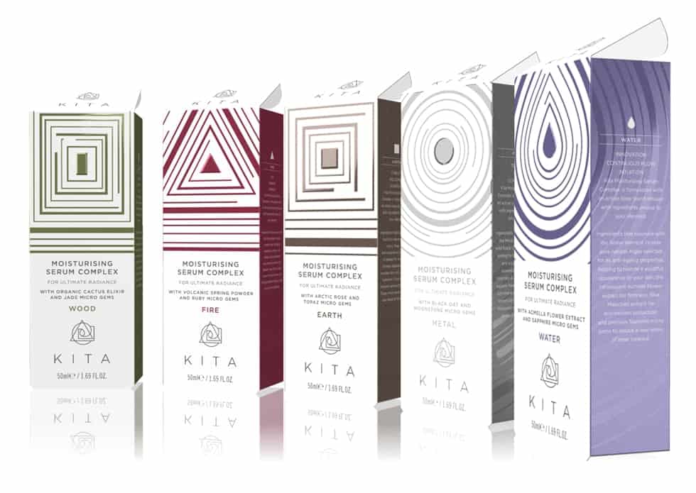 The Five Element serum luxury skincare packaging product cartons with graphic identity developed by Paul Cartwright Branding.