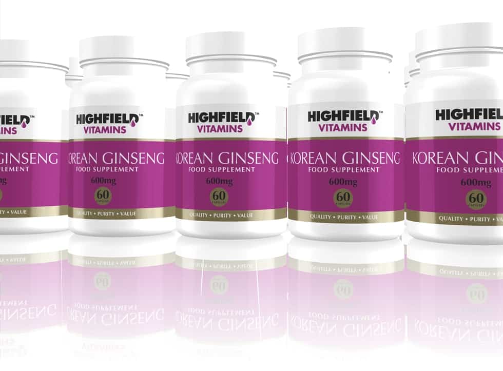 Korean ginseng food supplement label graphics design for Highfield Vitamins designed by Paul Cartwright Branding.