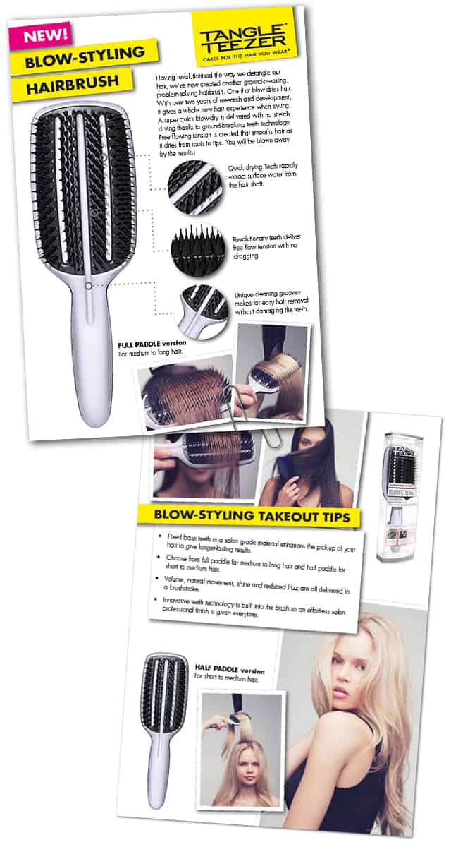 Tangle Teezer Blow-styling brush product leaflet designed by Paul Cartwright Branding.