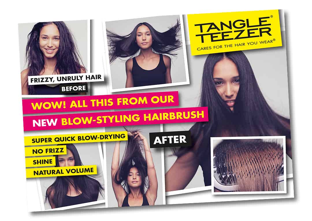 Blow-styling hairbrush marketing postcard - designed by Paul Cartwright Branding.
