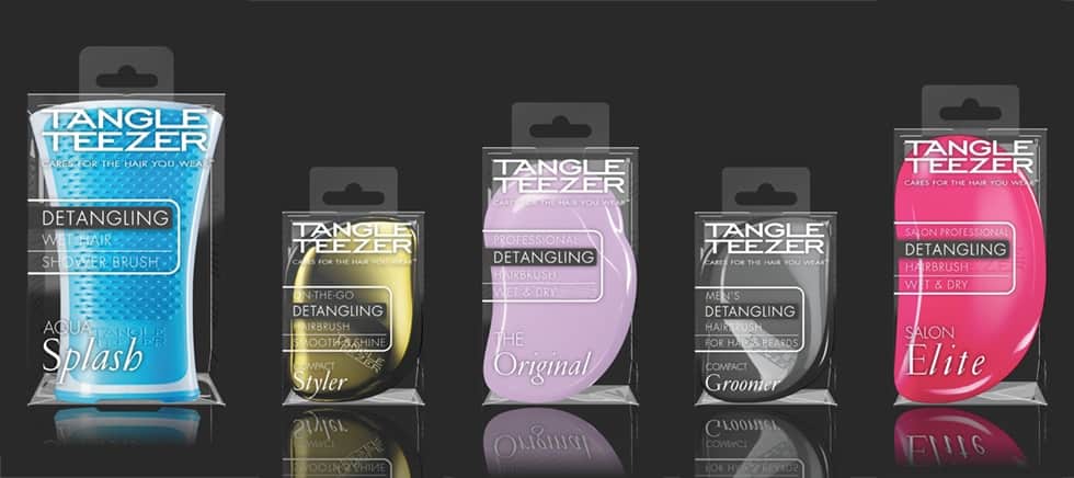 Tangle Teezer hairbrush product carton graphics design update by Paul Cartwright Branding.