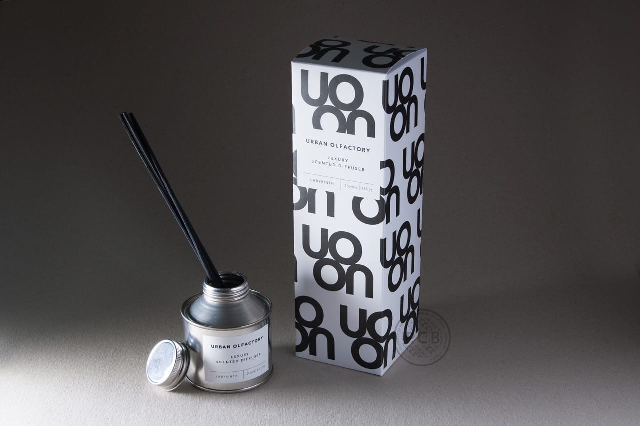 Close-up of reed diffuser and carton packaging graphics development for Urban Olfactory.