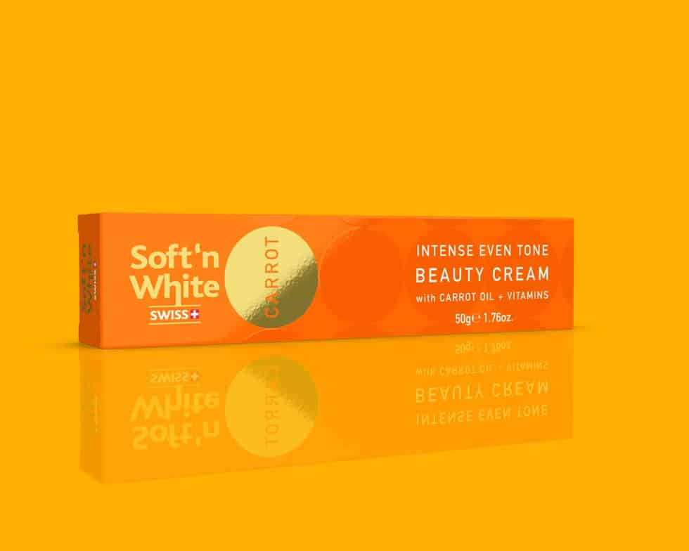 Soft'n' White beauty cream carton - skin lightening product graphics and identity by Paul Cartwright Branding.