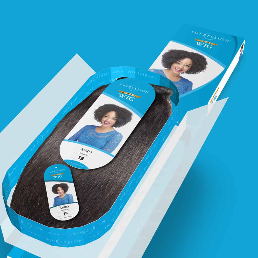 Impression Afro wig packaging graphics designed by Paul Cartwright Branding.