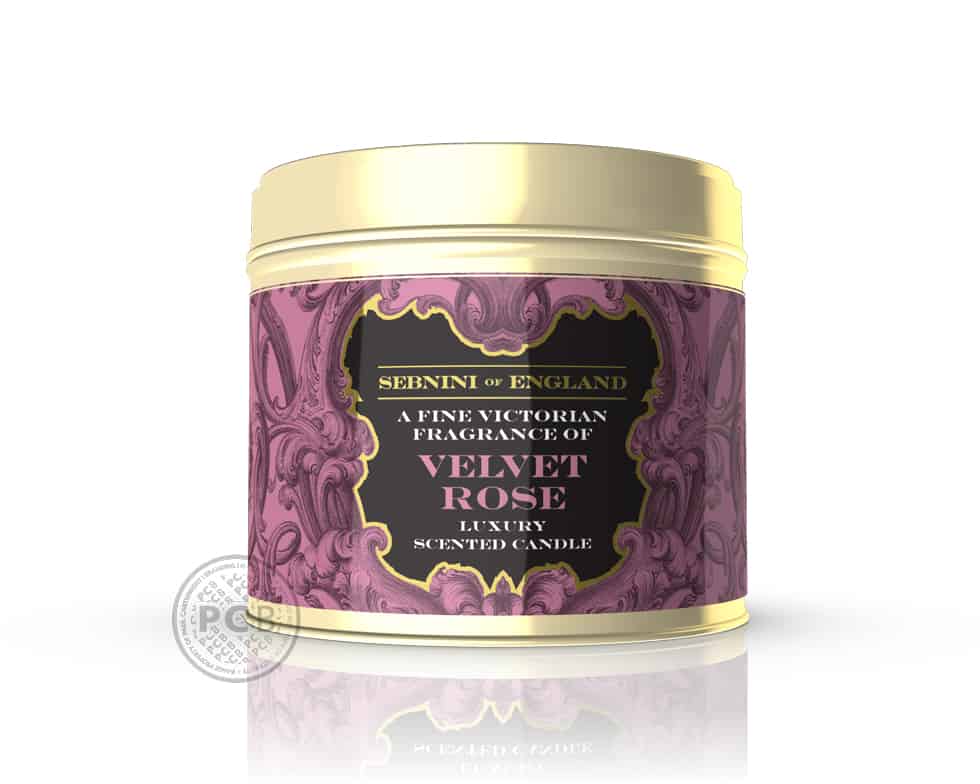 Velvet Rose Victorian-style fragranced luxury candle label identity design by Paul Cartwright Branding.