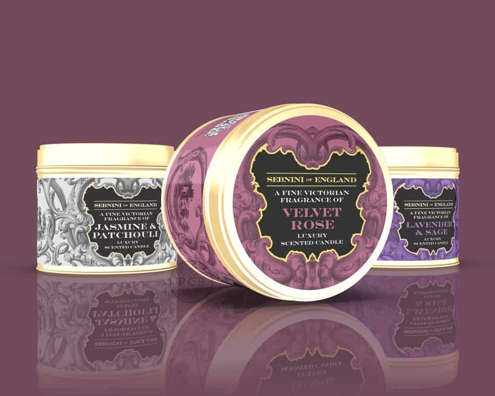 Victorian-style fragranced candle label identity design by Paul Cartwright Branding.